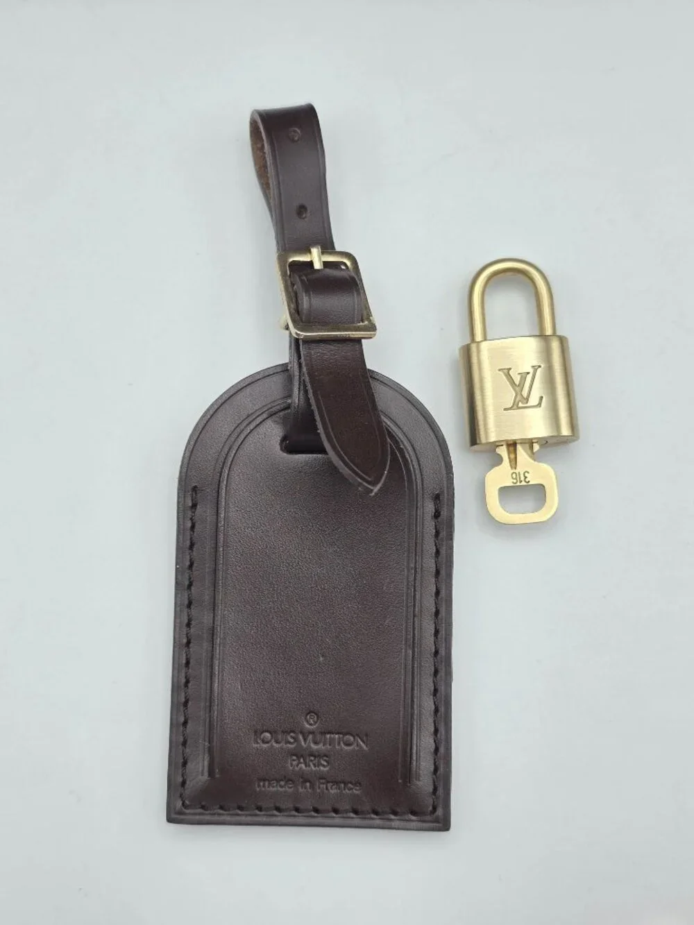 Authentic Louis Vuitton Brown Luggage Tag & Gold Padlock with Key-Made in France